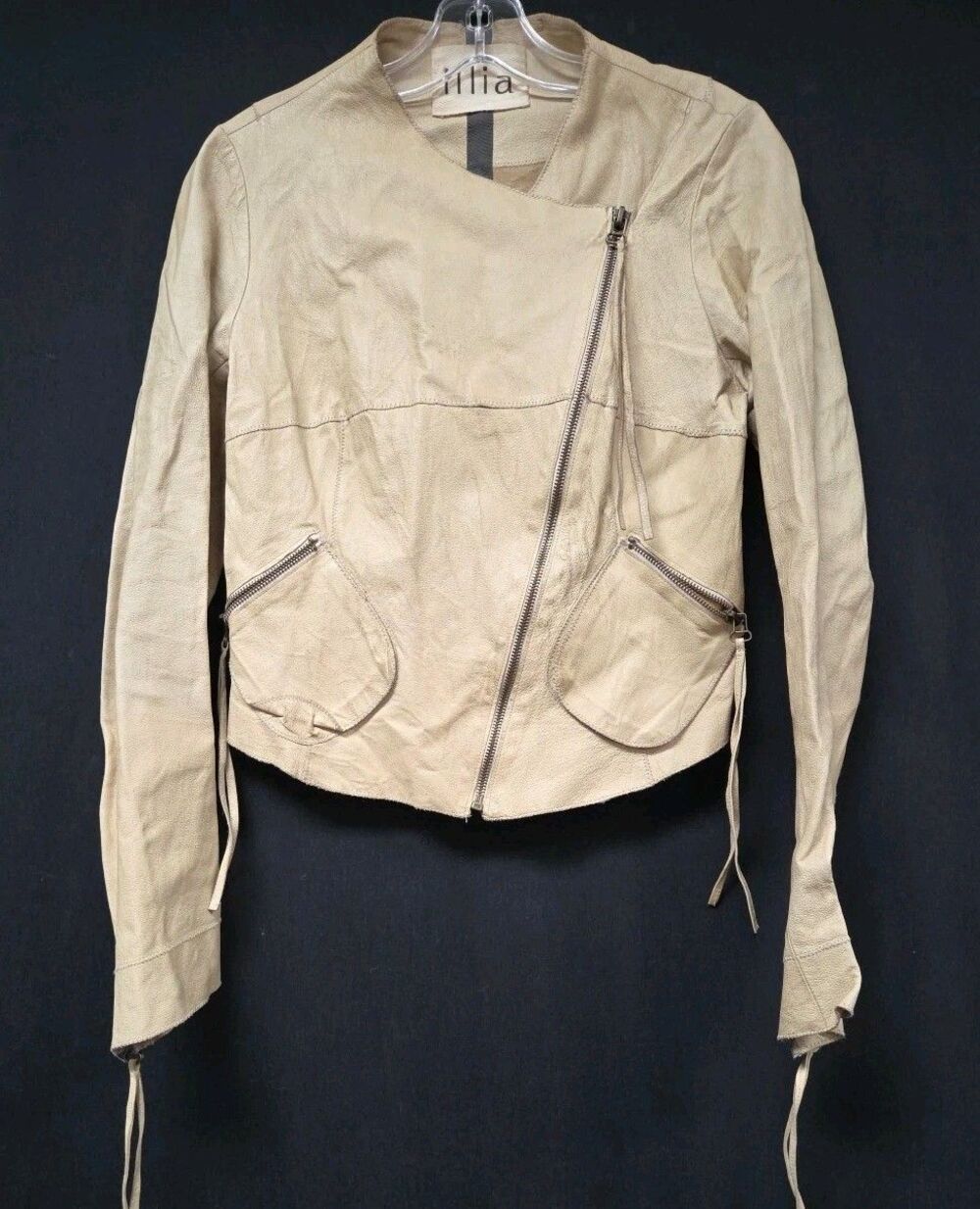 illia Anthropologie Sz 6 Beige Light Weight Leather Asymmetric Moto Dove Jacket